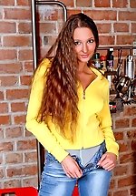 Curly chick in original blue pantyhose eagerly revealing her nasty sides